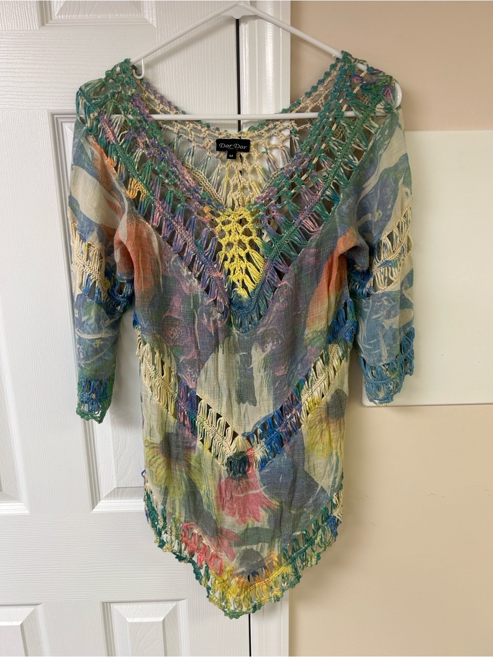 Dor Dor Couture Crochet V Neck Multicolor Blouse